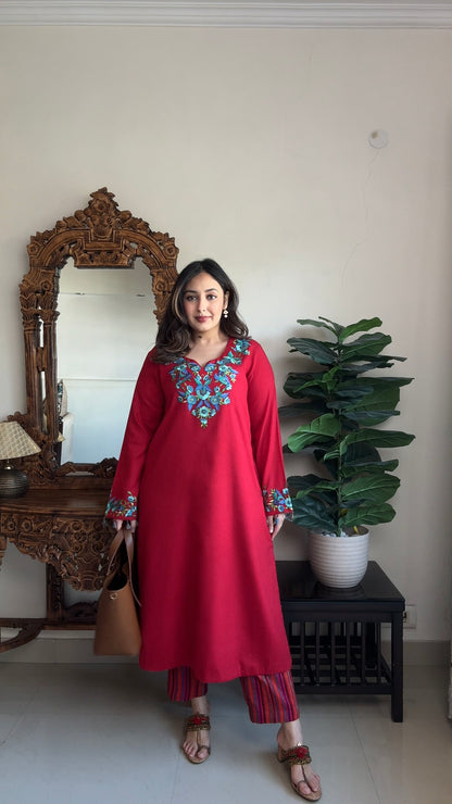 Thread Embroidered Phiran: Spun Pashmina with Striped Narrow Pants