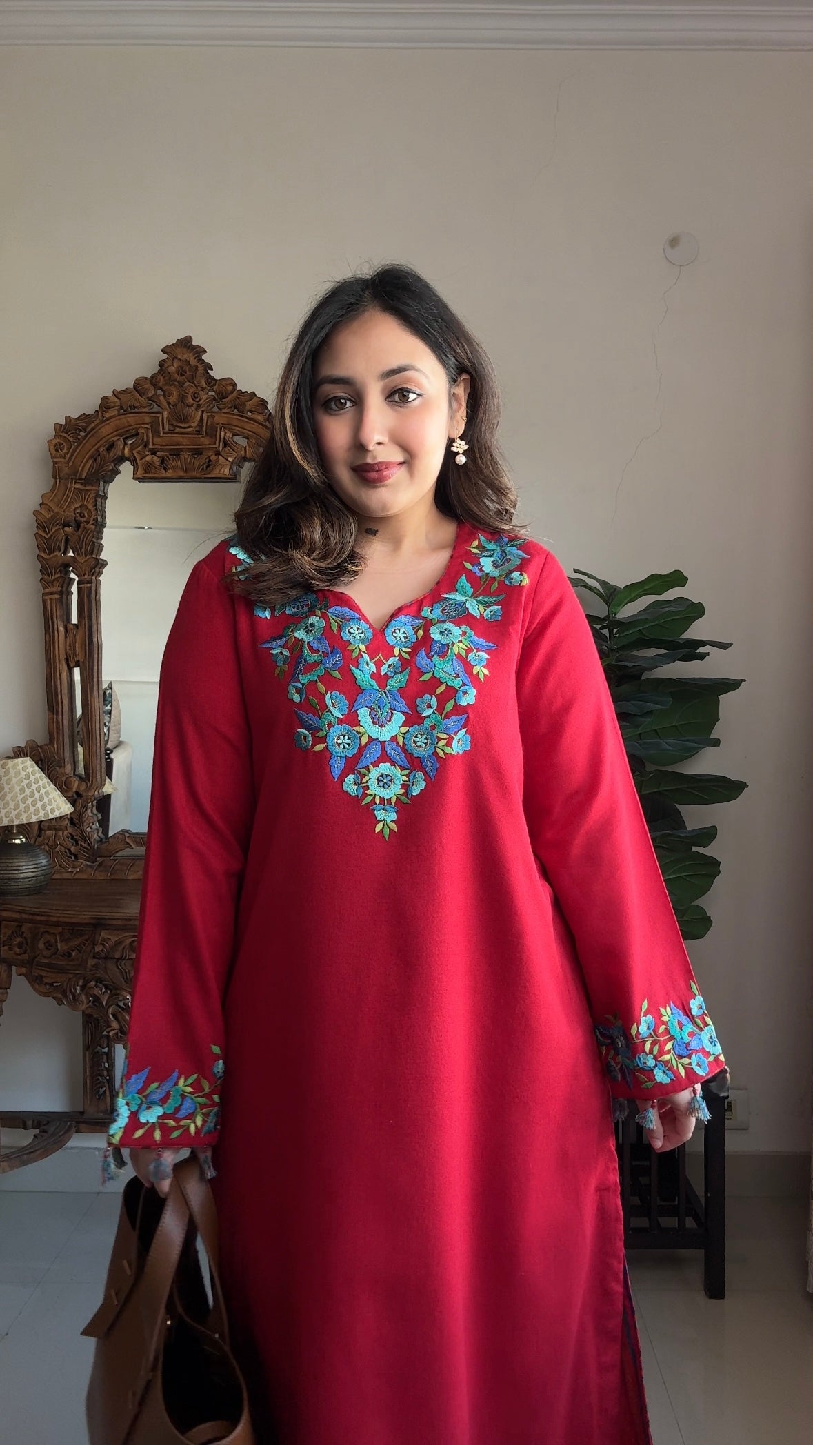 Thread Embroidered Phiran: Spun Pashmina with Striped Narrow Pants