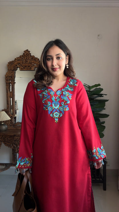 Thread Embroidered Phiran: Spun Pashmina with Striped Narrow Pants