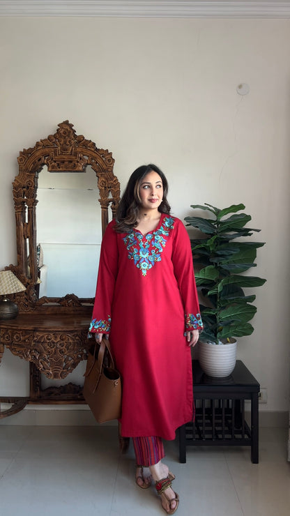 Thread Embroidered Phiran: Spun Pashmina with Striped Narrow Pants