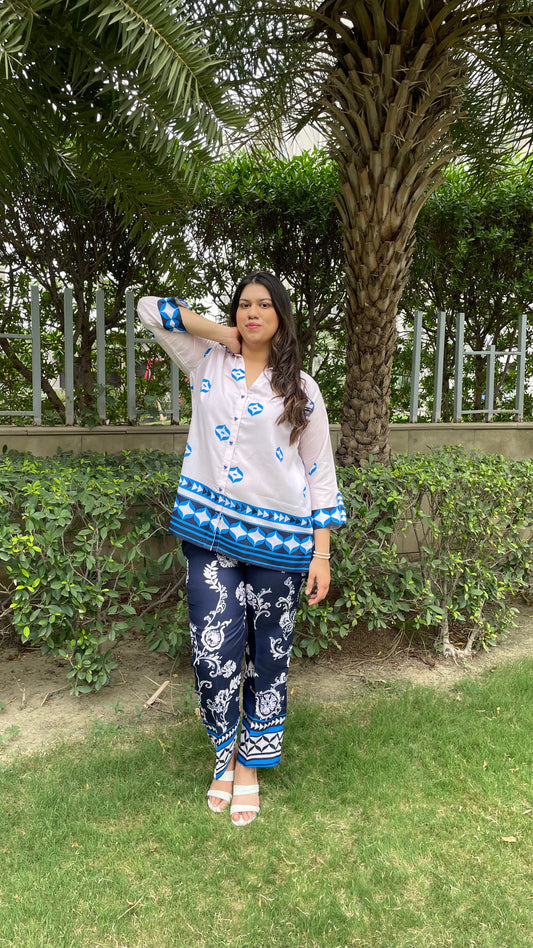 Zoya White & Blue Cotton Linen Co-ord Set – Shirt Collar, 3/4 Cuff Sleeves