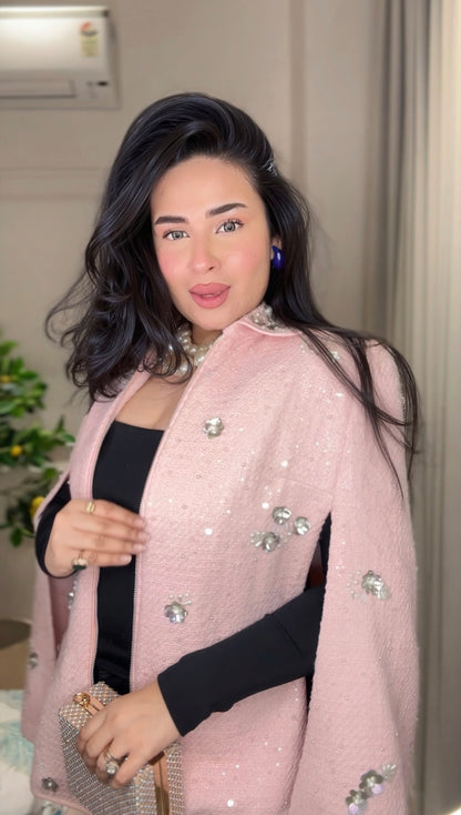 Pink Pearl Embellished Winter Shrug for Women