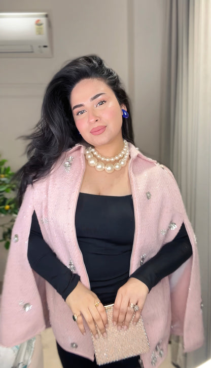 Pink Pearl Embellished Winter Shrug for Women