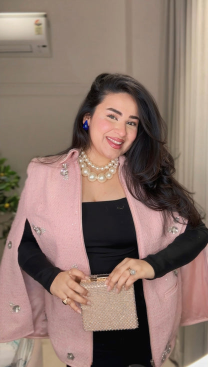 Pink Pearl Embellished Winter Shrug for Women
