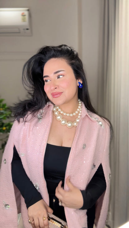 Pink Pearl Embellished Winter Shrug for Women