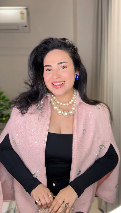 Pink Pearl Embellished Winter Shrug for Women