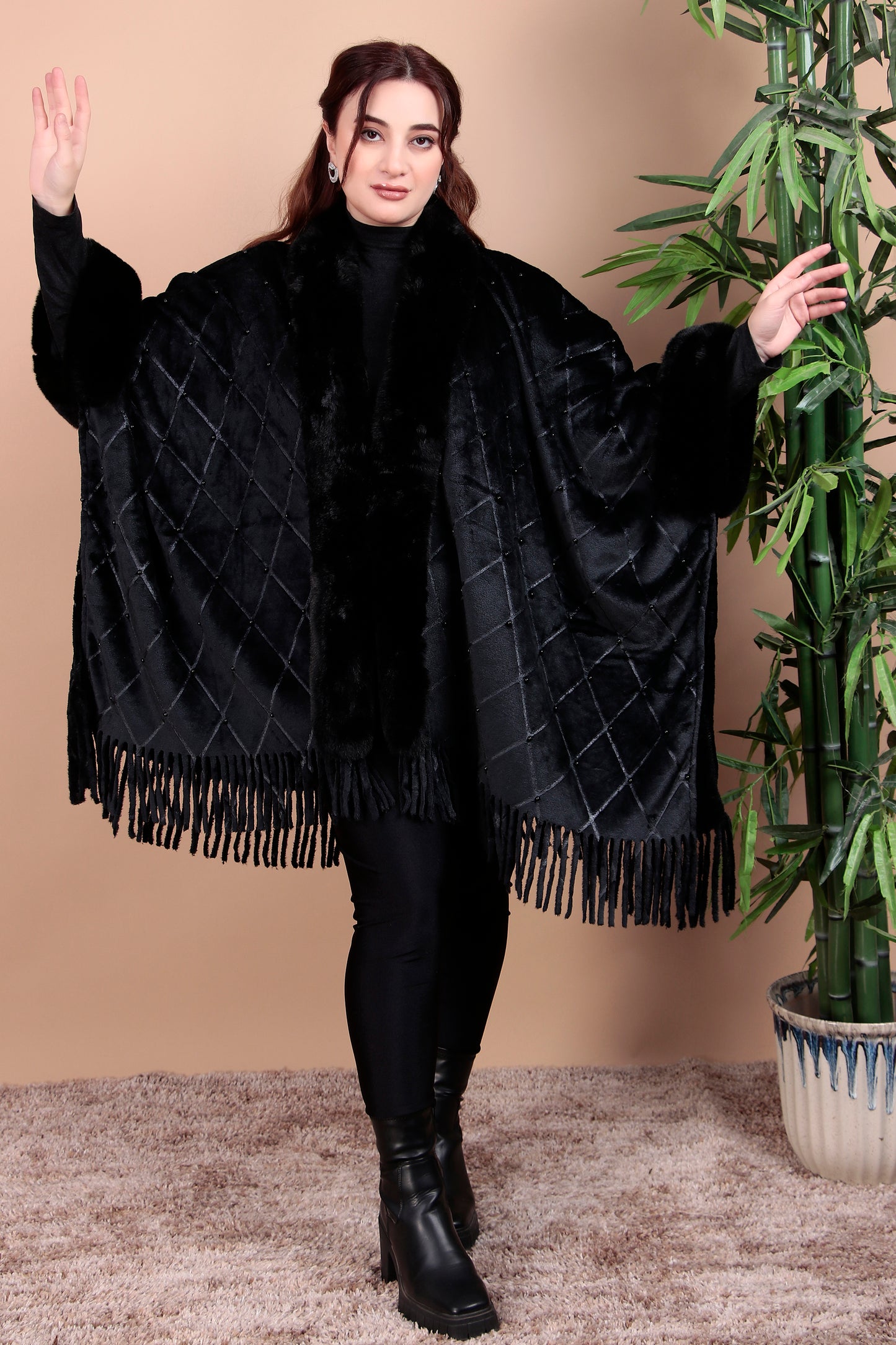 Black Geometric Printed Poncho