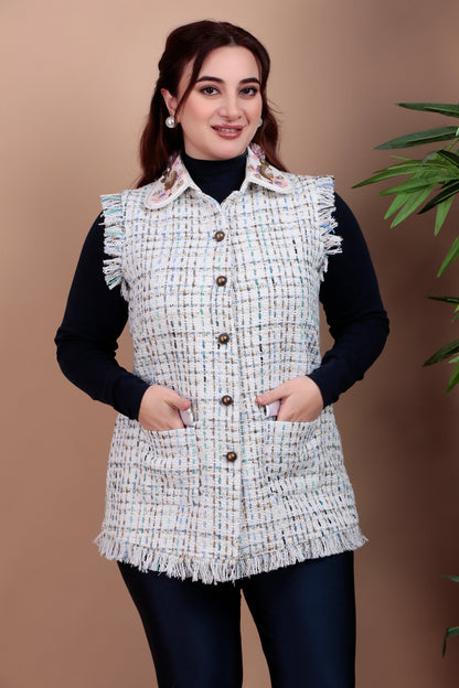 Tweed Button-Down Sleeveless Jacket