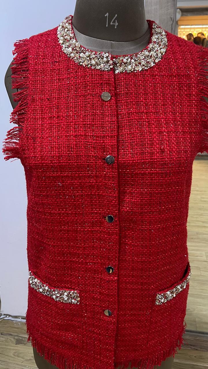 Embellished Tweed Sleeveless Coat