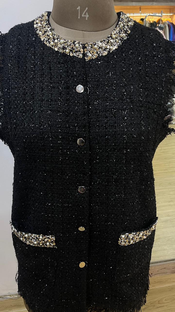 Embellished Tweed Sleeveless Coat