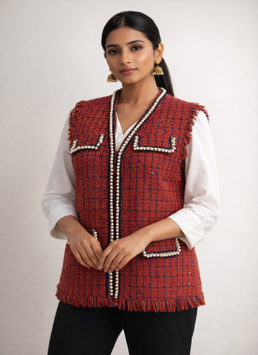 Tweed Pearl-Trim Waistcoat